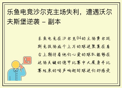 乐鱼电竞沙尔克主场失利，遭遇沃尔夫斯堡逆袭 - 副本