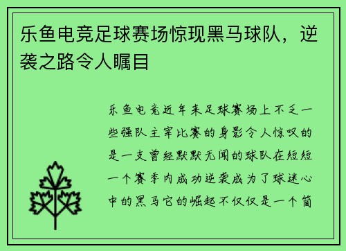 乐鱼电竞足球赛场惊现黑马球队，逆袭之路令人瞩目