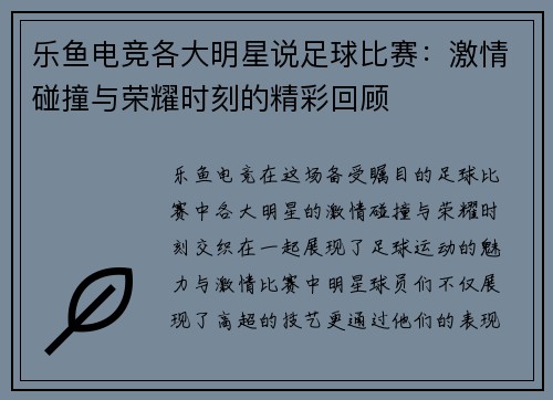 乐鱼电竞各大明星说足球比赛：激情碰撞与荣耀时刻的精彩回顾