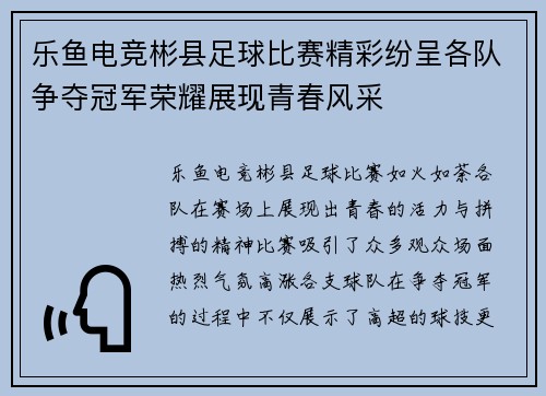 乐鱼电竞彬县足球比赛精彩纷呈各队争夺冠军荣耀展现青春风采