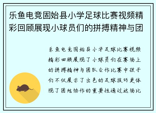 乐鱼电竞固始县小学足球比赛视频精彩回顾展现小球员们的拼搏精神与团队合作