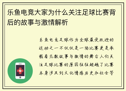 乐鱼电竞大家为什么关注足球比赛背后的故事与激情解析