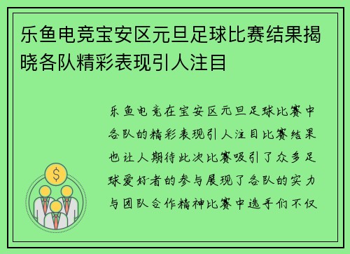 乐鱼电竞宝安区元旦足球比赛结果揭晓各队精彩表现引人注目