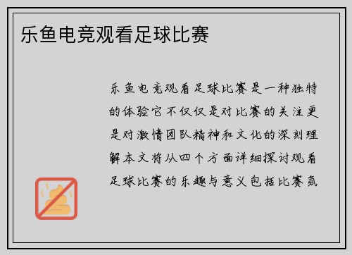 乐鱼电竞观看足球比赛